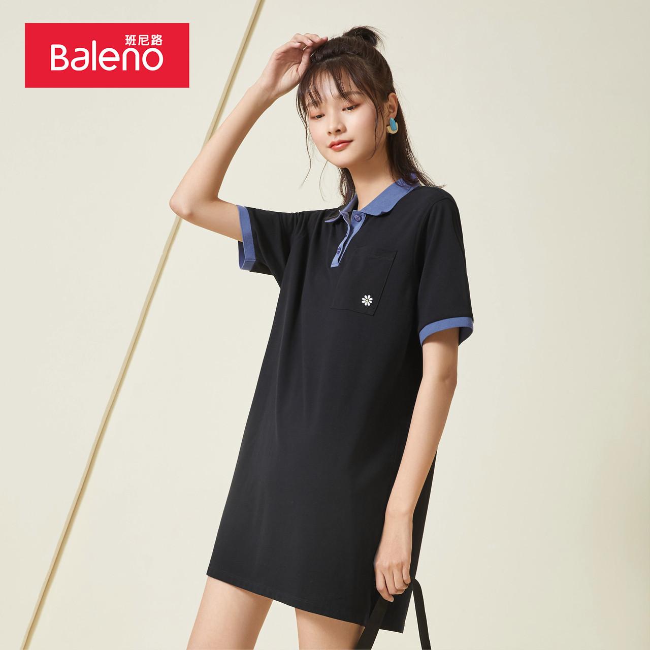 班尼路女装polo连衣裙短袖带领裙子夏季宽松方领连衣裙