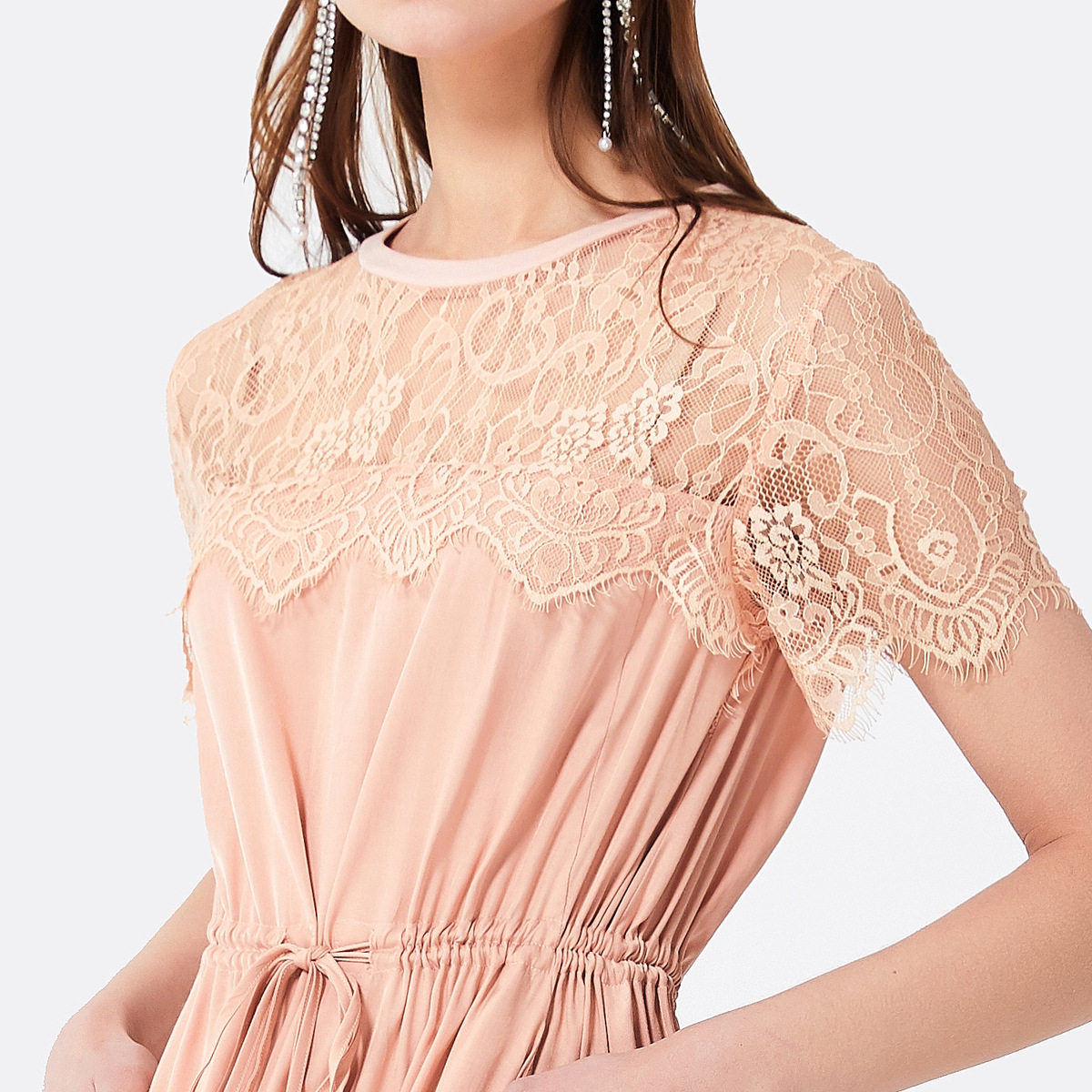 【奥莱特价】飘蕾夏季蕾丝拼接镂空连衣裙系带收腰显瘦长裙子女