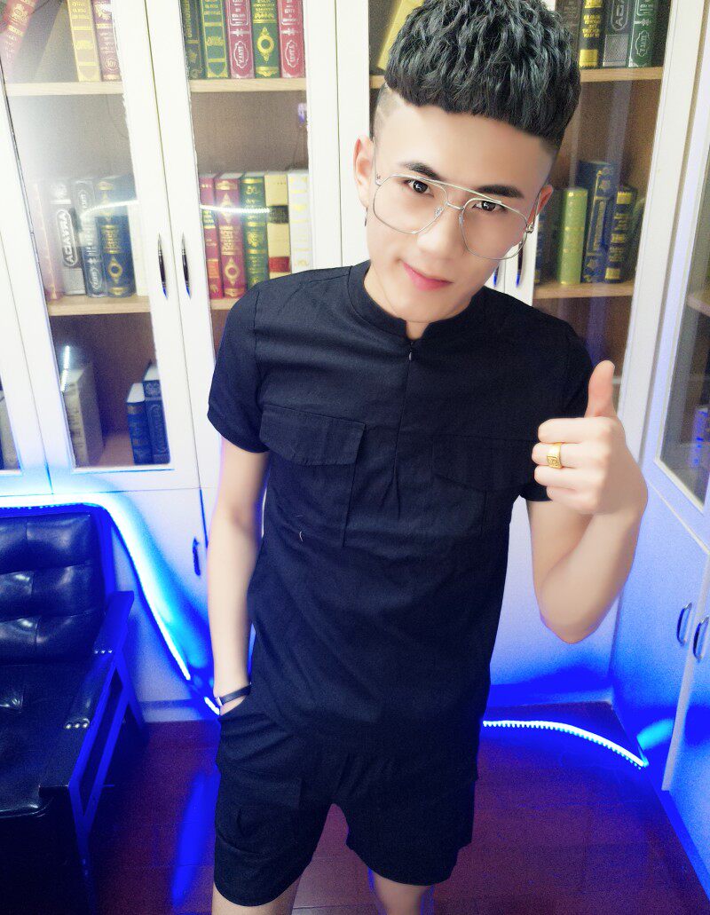 夏季潮流男士短袖t恤套装韩版修身精神社会小伙网红半袖立领一套