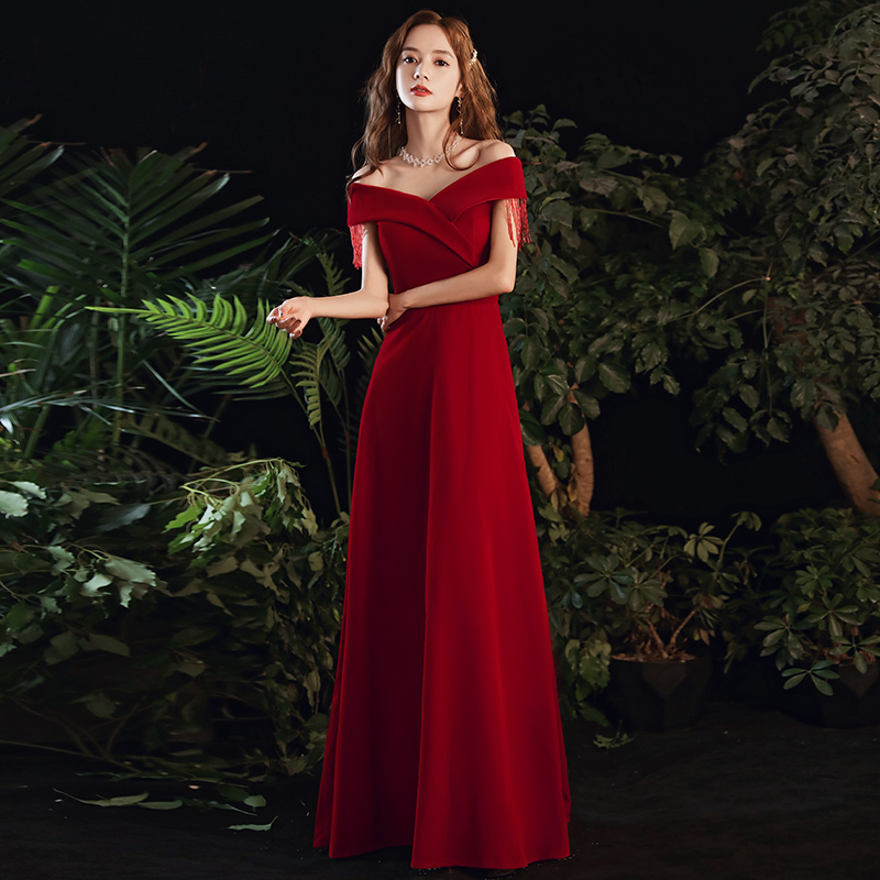 敬酒红色裙女礼服结婚礼结婚丝绒长款一字性感礼服