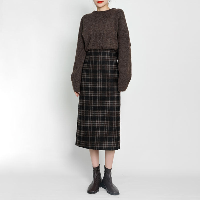 羊毛格子半身裙秋冬女高腰2020年新款毛呢a字裙显瘦复古直筒裙子