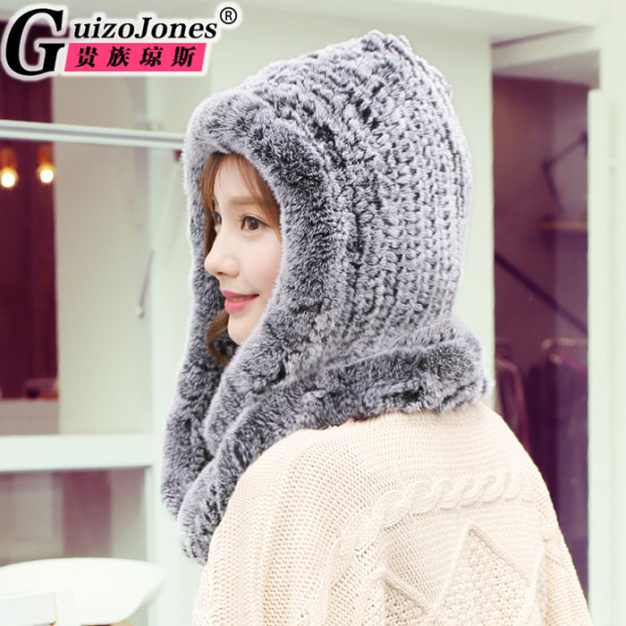 贵族琼斯加厚皮草帽子围巾连一体獭兔毛编织风雪帽护耳保暖女士