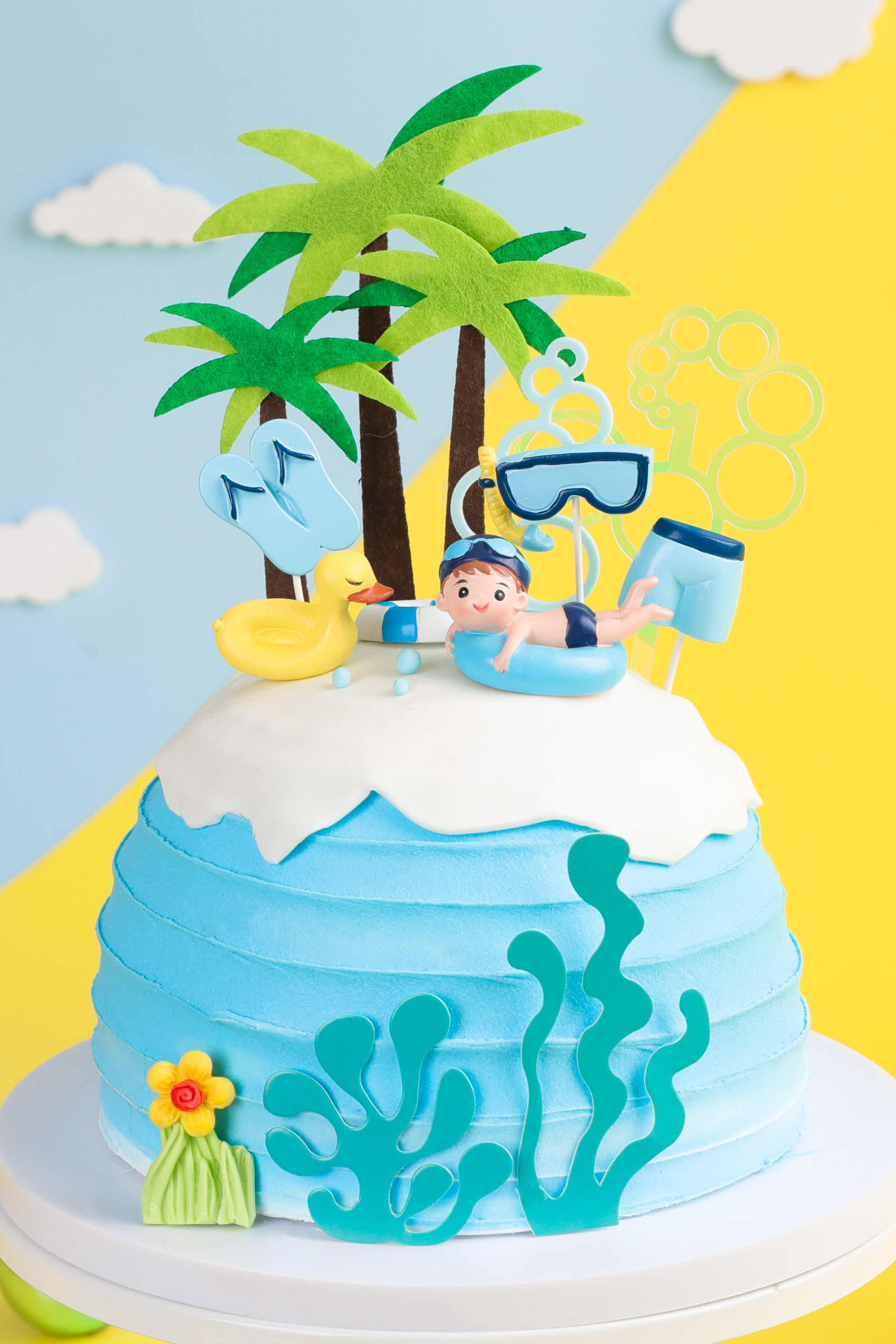 烘焙蛋糕装饰夏日沙滩游泳男孩女孩摆件海边救生圈节日装扮用品