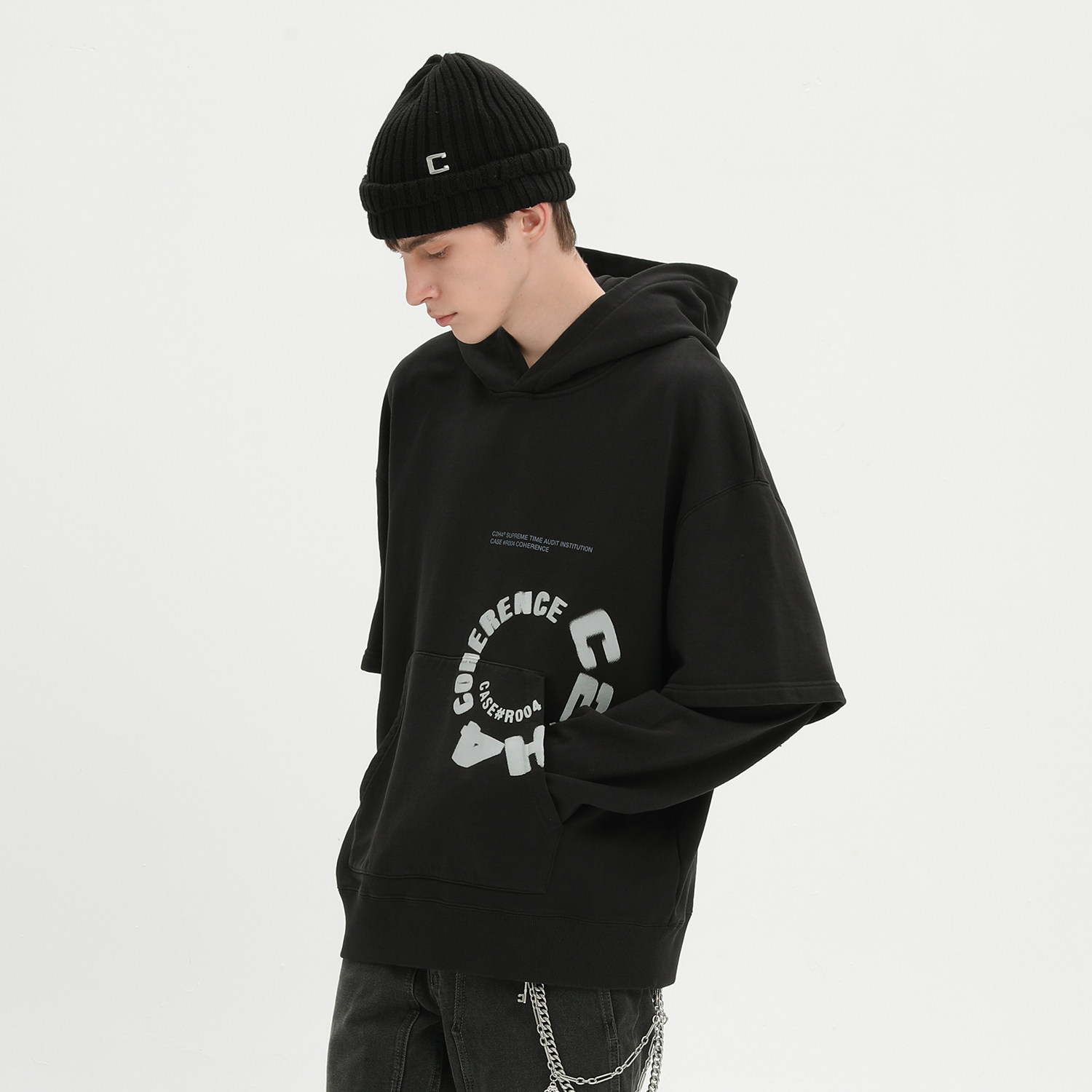 c2h4layeredhoodie双层结构环形印花帽衫r004卫衣