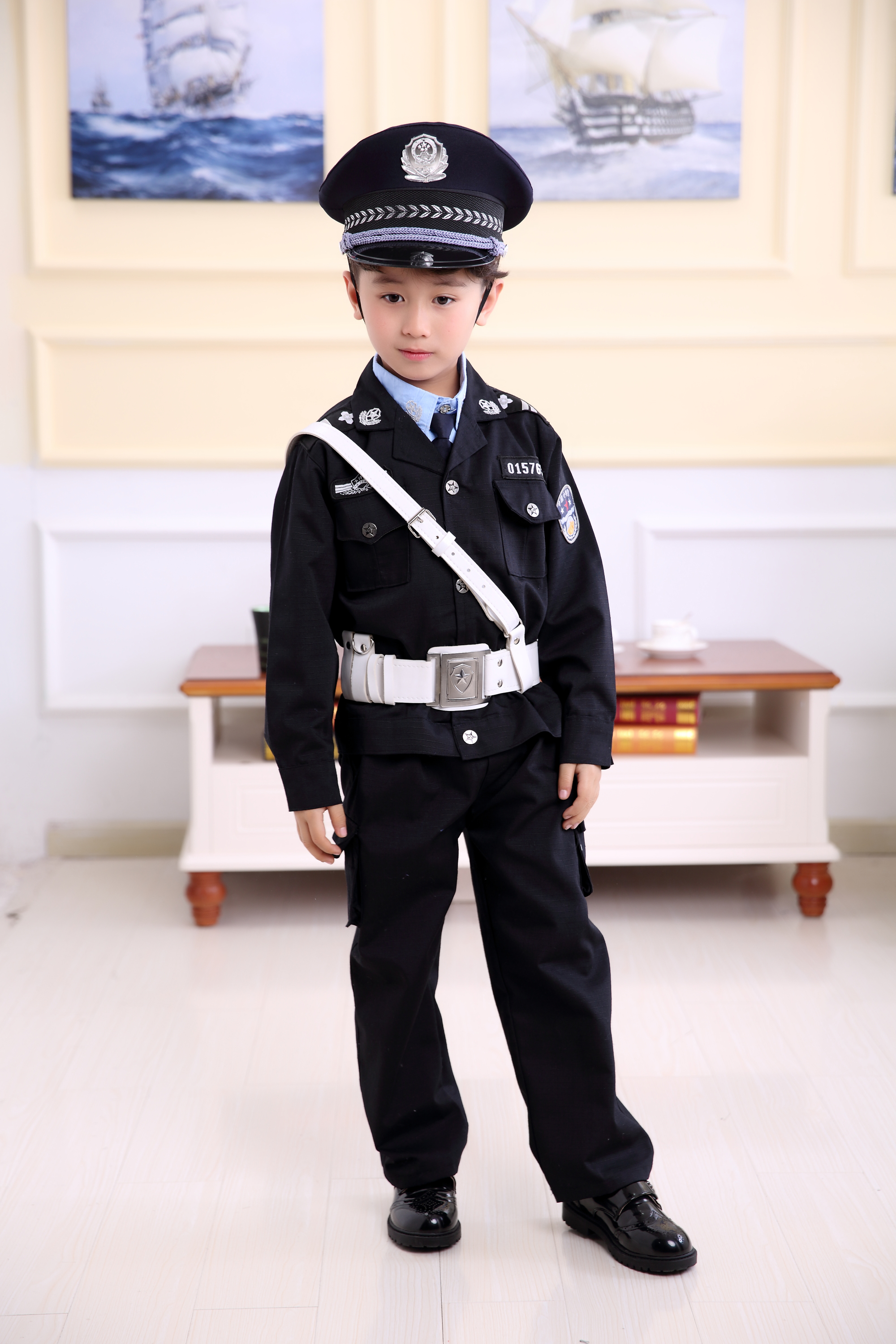 儿童警察服黑猫警长衣服小警察演出服男童幼儿园交警警官服装军装