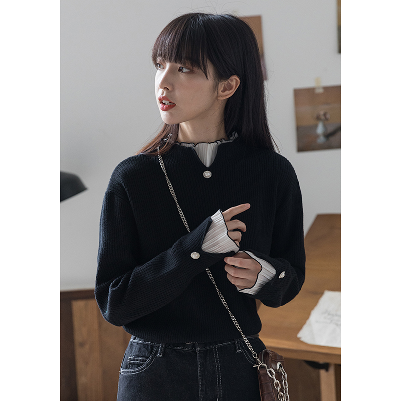 黑色内搭套头蕾丝木耳边半高领打底毛衣女秋冬加厚针织打底衫新款