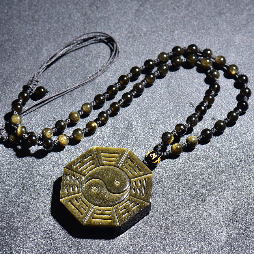 项链天然水晶金曜石阴阳八卦吊坠道教福男毛衣项坠