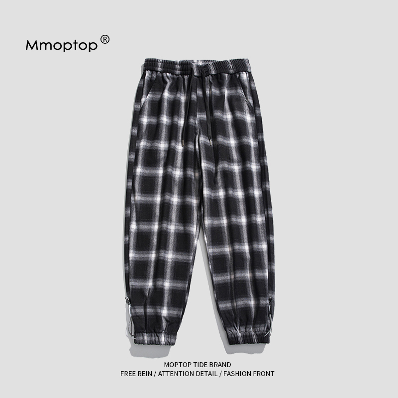 MMOPTOP黑白格子裤男夏季嘻哈港风设计感运动裤经典款束脚卫裤男