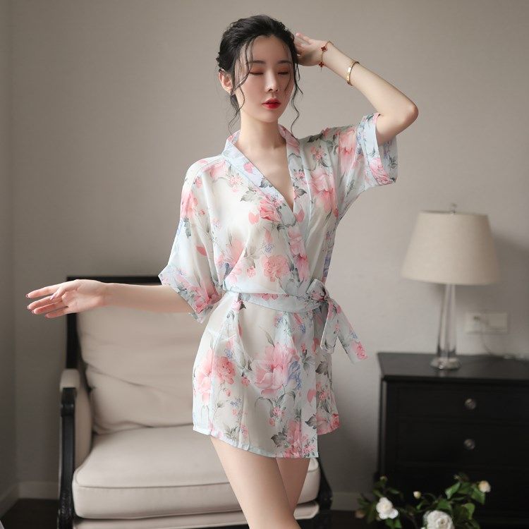 睡衣夏季冰丝日本和服印花睡袍薄款性感系带睡裙