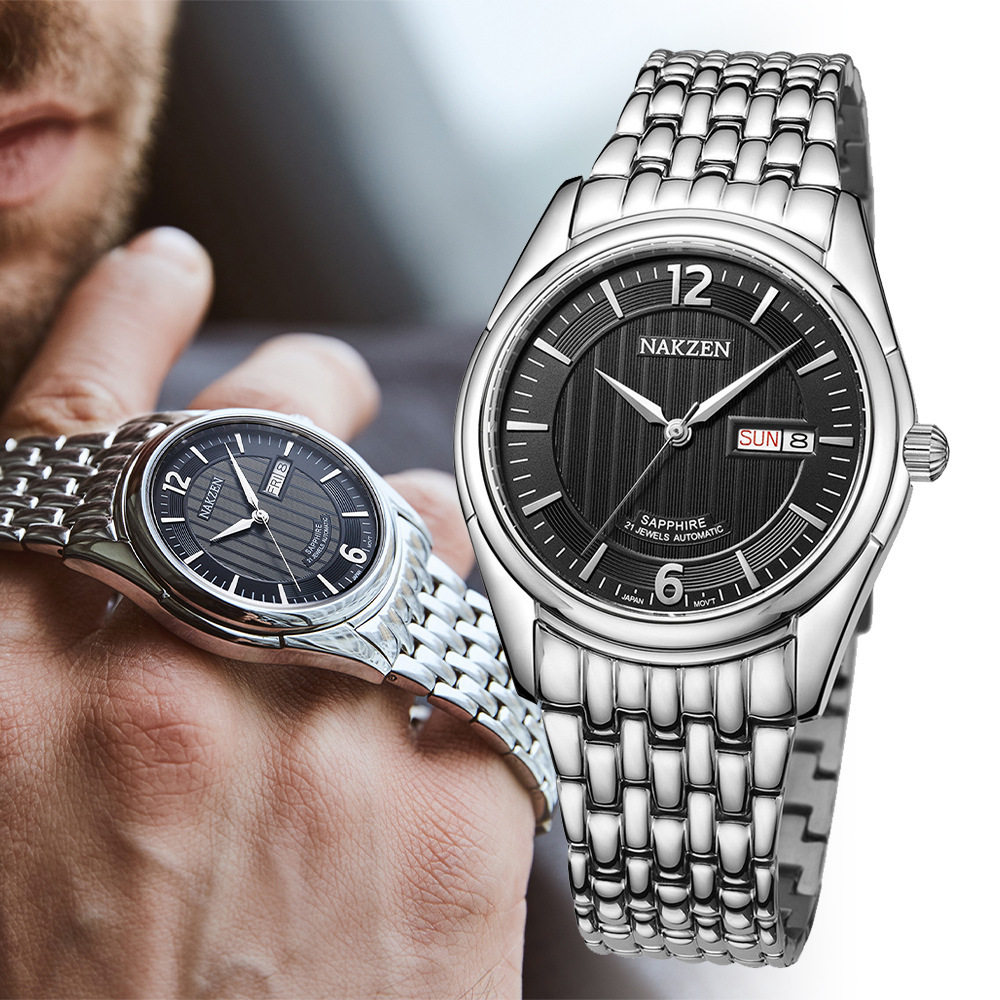 日本nakzen品牌品牌机机械机械手手表全钢蓝宝石50米国产腕表