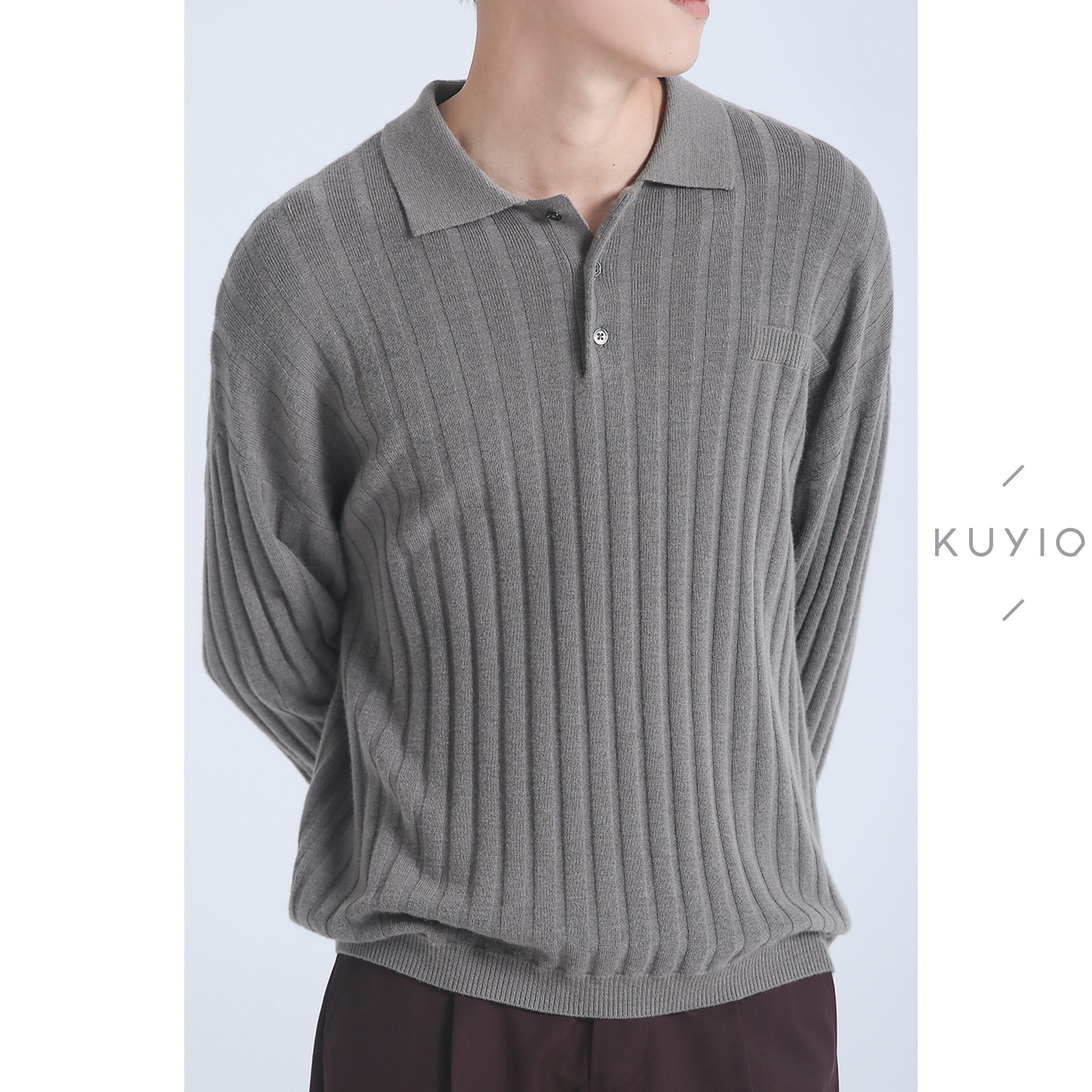 KUYIOU/设计师款 驼绒纽扣条纹韩版秋冬POLO翻领针织羊毛衫毛衣男