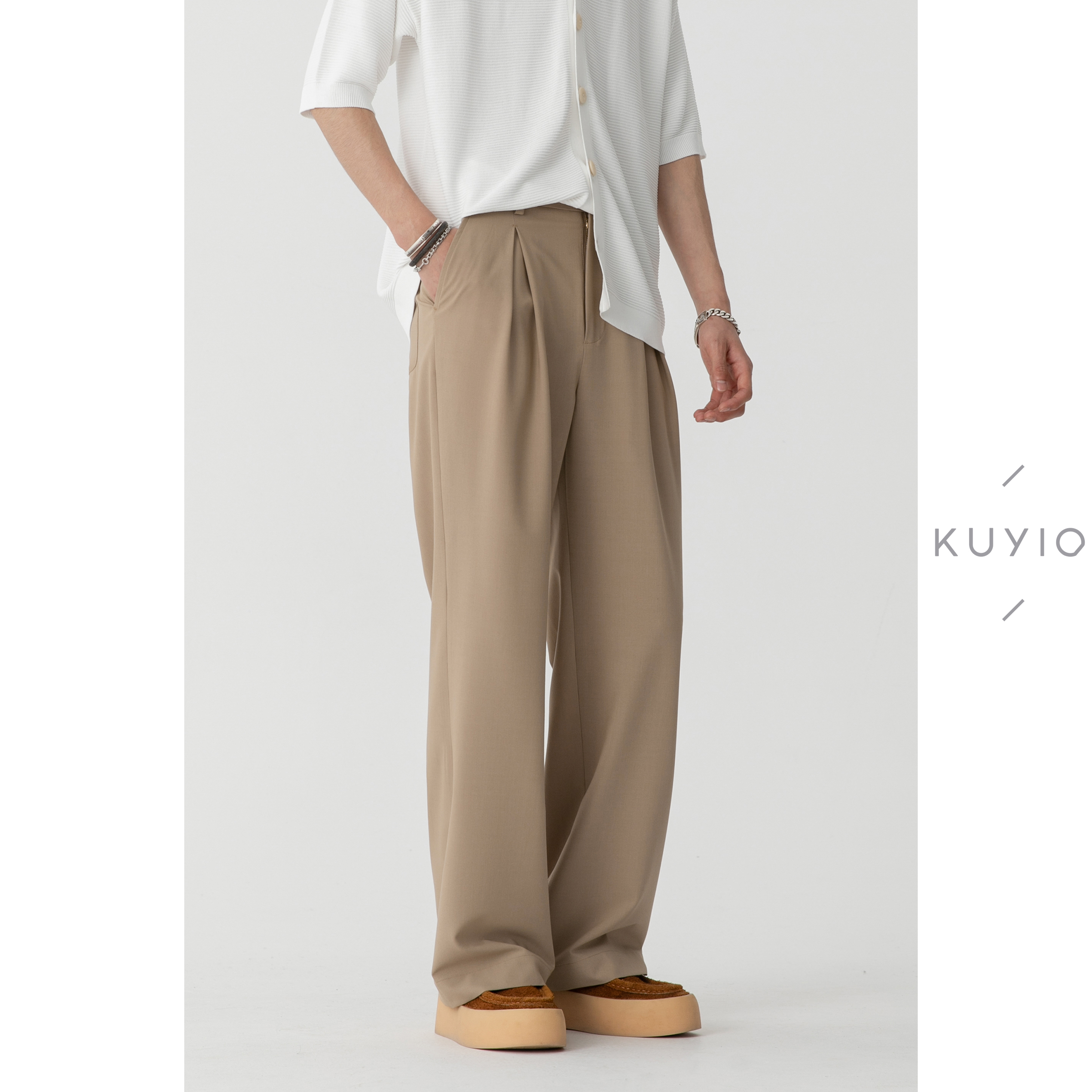 KUYIOU/意式褶裥设计 松紧腰阔腿宽松直筒慵懒拖地休闲长裤男 K38