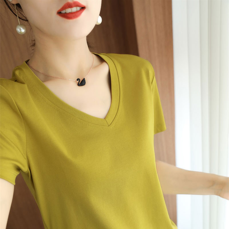 80支双面丝光棉短袖t恤女夏季新款新疆棉纯棉宽松显瘦V领半袖上衣
