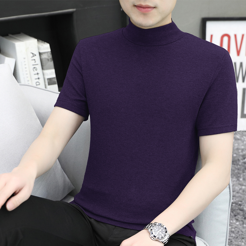 冬季男士半高领短袖T恤高级感潮流百搭加厚超火修身半袖中领体恤