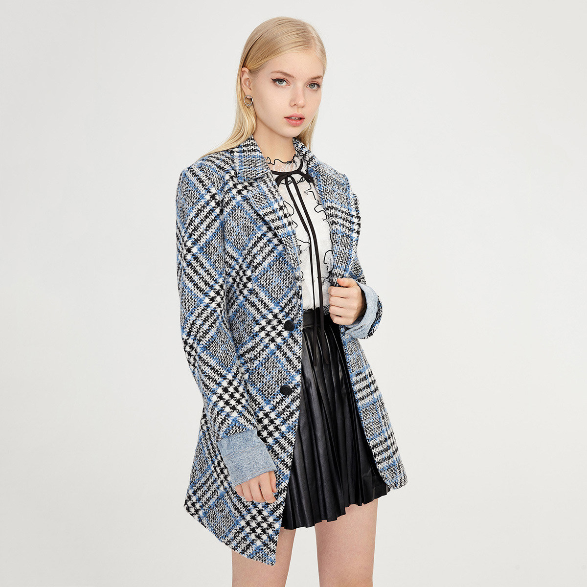 lily2020新款女装不对称设计拼接水洗牛仔千鸟格收腰毛呢外套