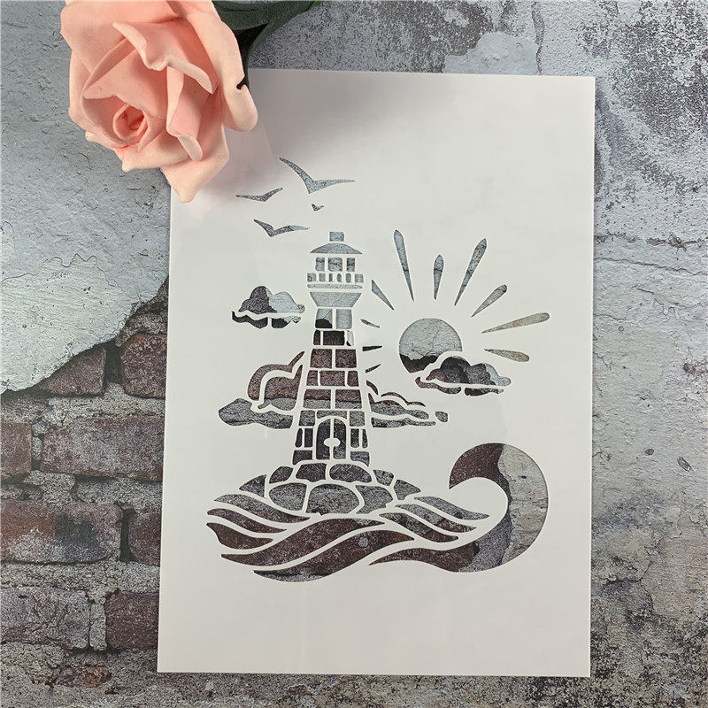 海边灯塔海鸥风景手绘diy镂空模板街头卡通广告牌