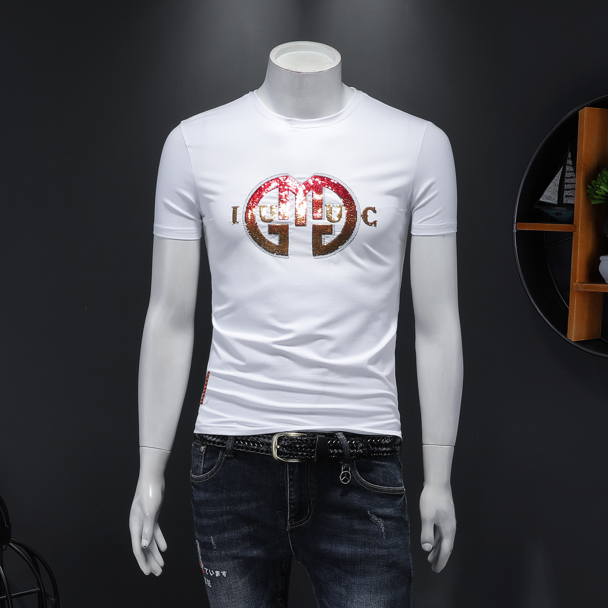 欧洲站潮流小蜜蜂刺绣短袖t恤男韩版修身字母亮片大码丝光棉t恤男