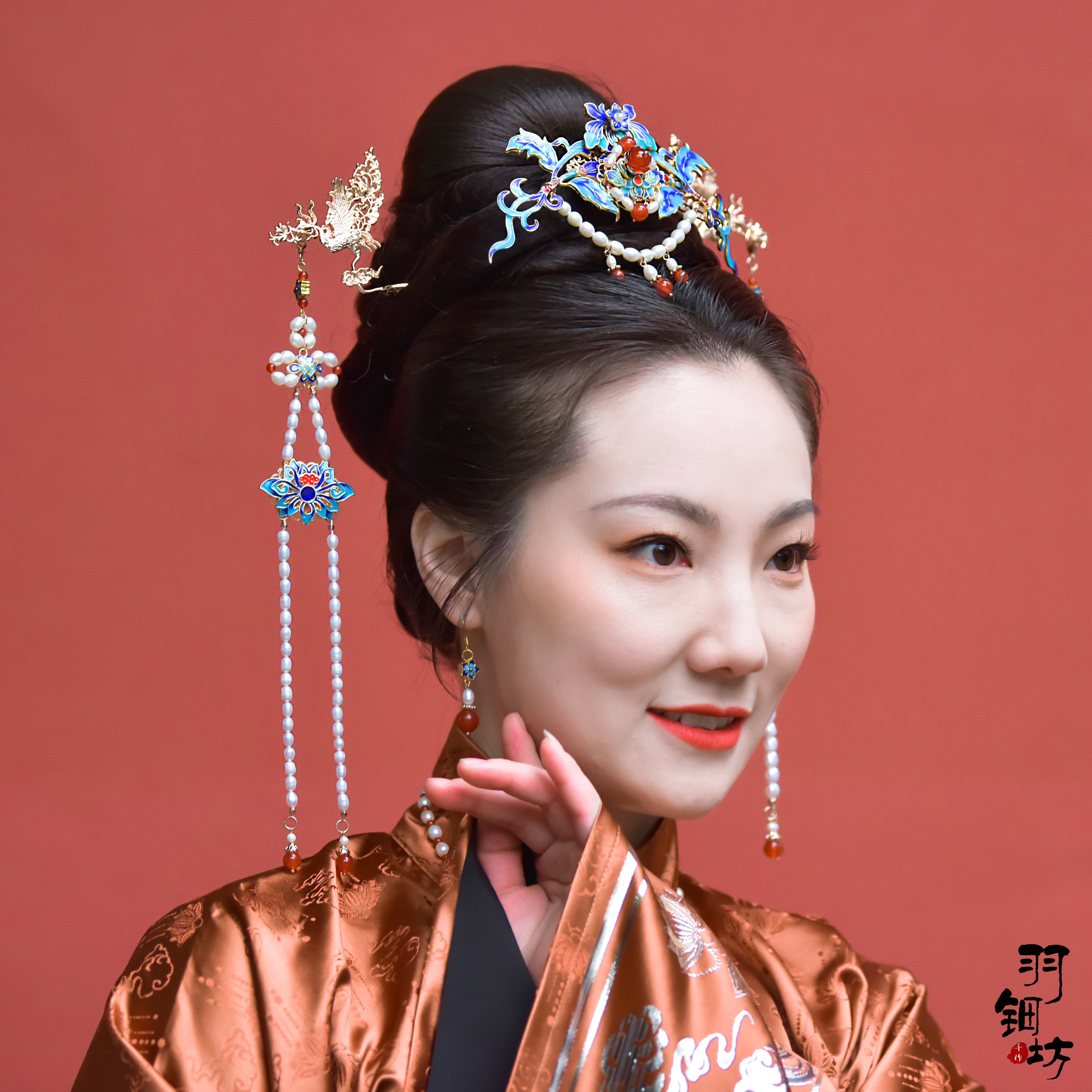 重锦羽钿原创设计烧蓝发饰景泰蓝正冠明制珍珠发饰