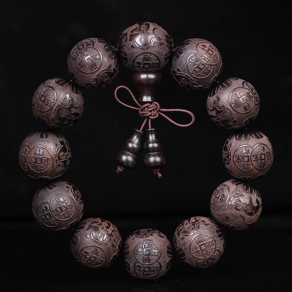 雷击枣木手男士20mm圆珠单圈雕刻木质辟邪转运手串