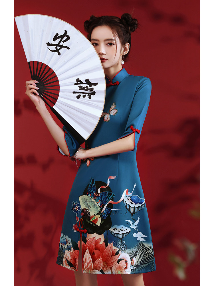 国潮旗袍2021年新款秋款蓝色潮流年轻改良小个子旗袍