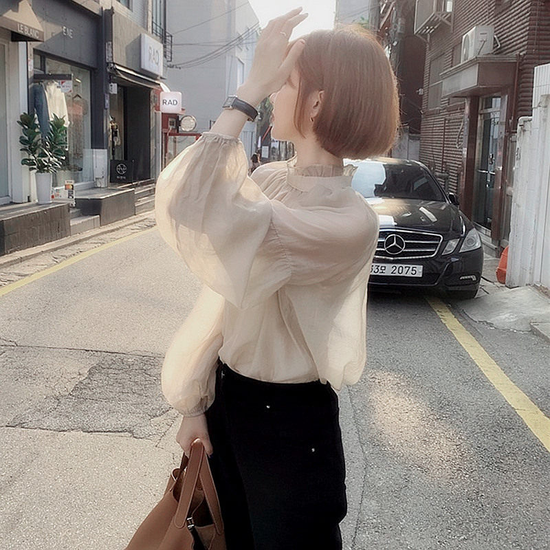 cn),雪纺衫女春秋装心机设计感小众上衣服ins洋气长袖短款打底t恤小衫