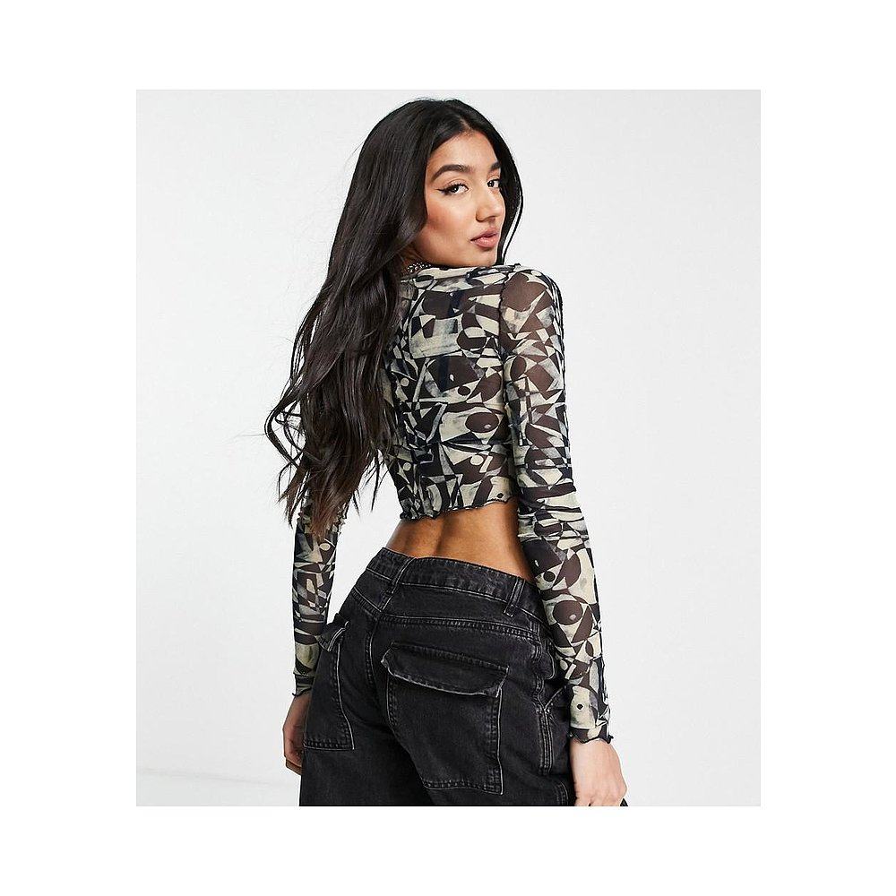 香港直邮潮奢 monki 女士 网纱印花短款长袖上衣