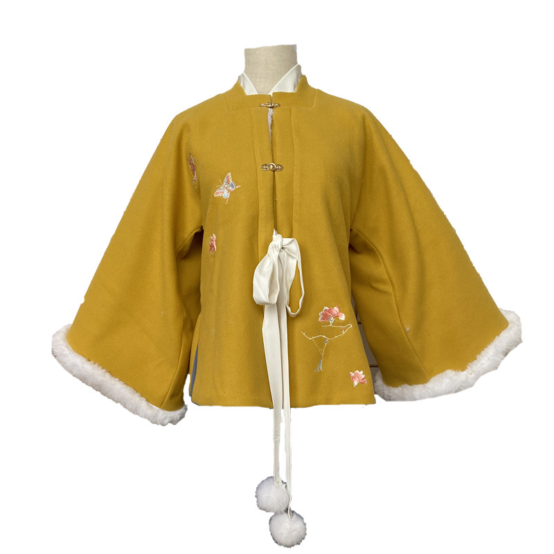 清仓汉服女明制方领袄半袖毛呢披袄加绒半臂加厚汉服