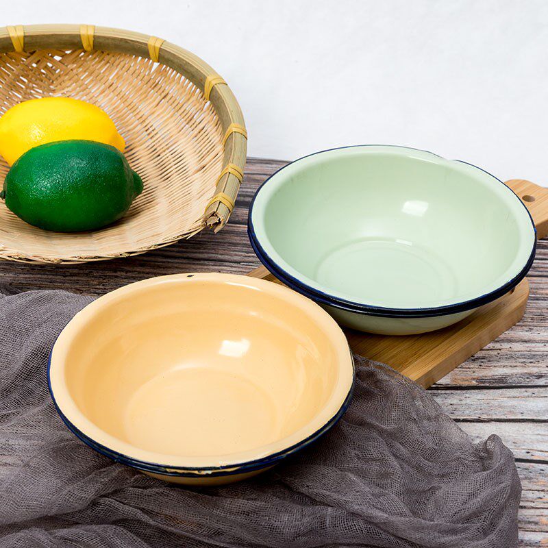 搪瓷老式盆子家用厨房浅口小盆吃饭黄色餐盆盆