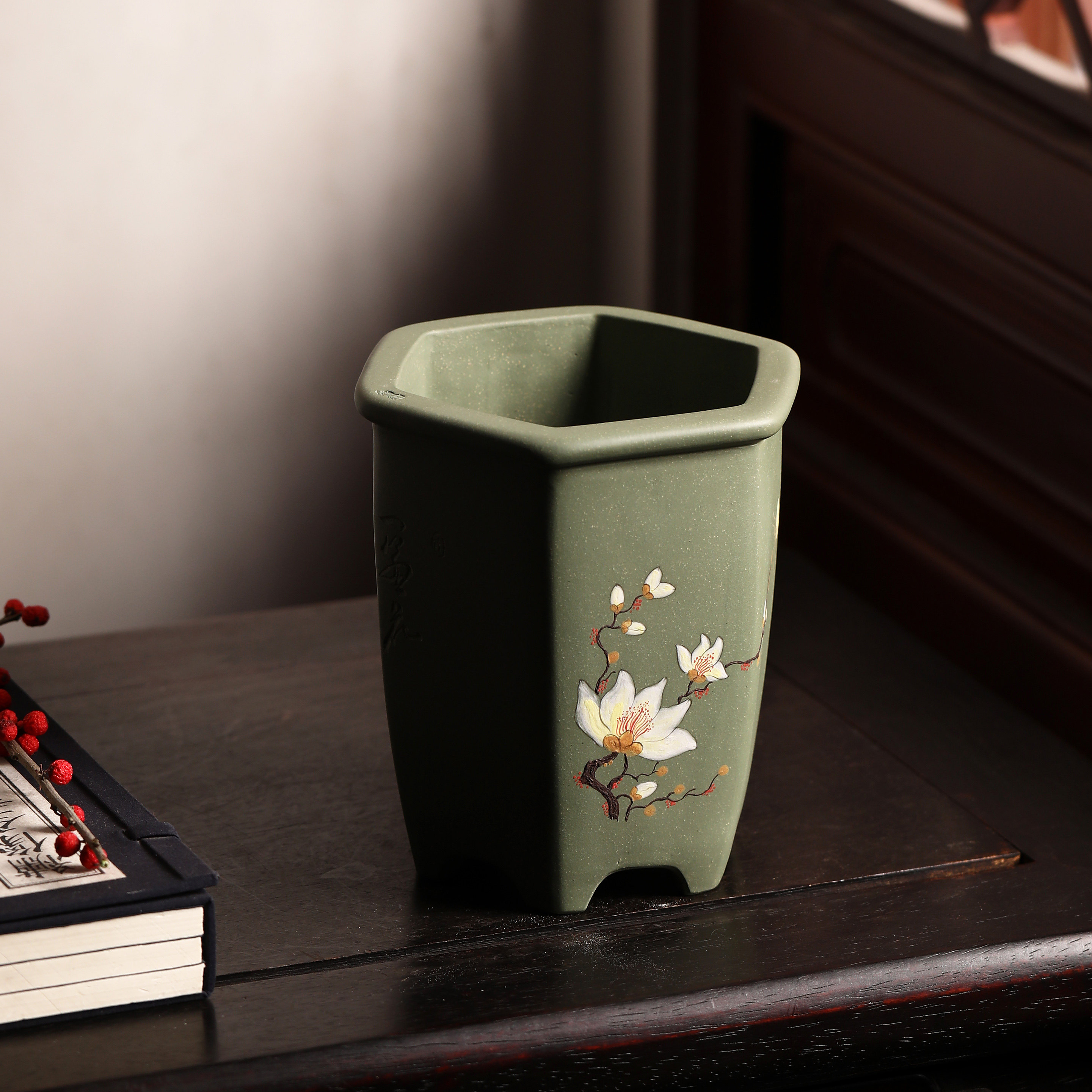 花盆紫砂陶瓷盆景盆苏名家六方刻绘手绘兰花花盆