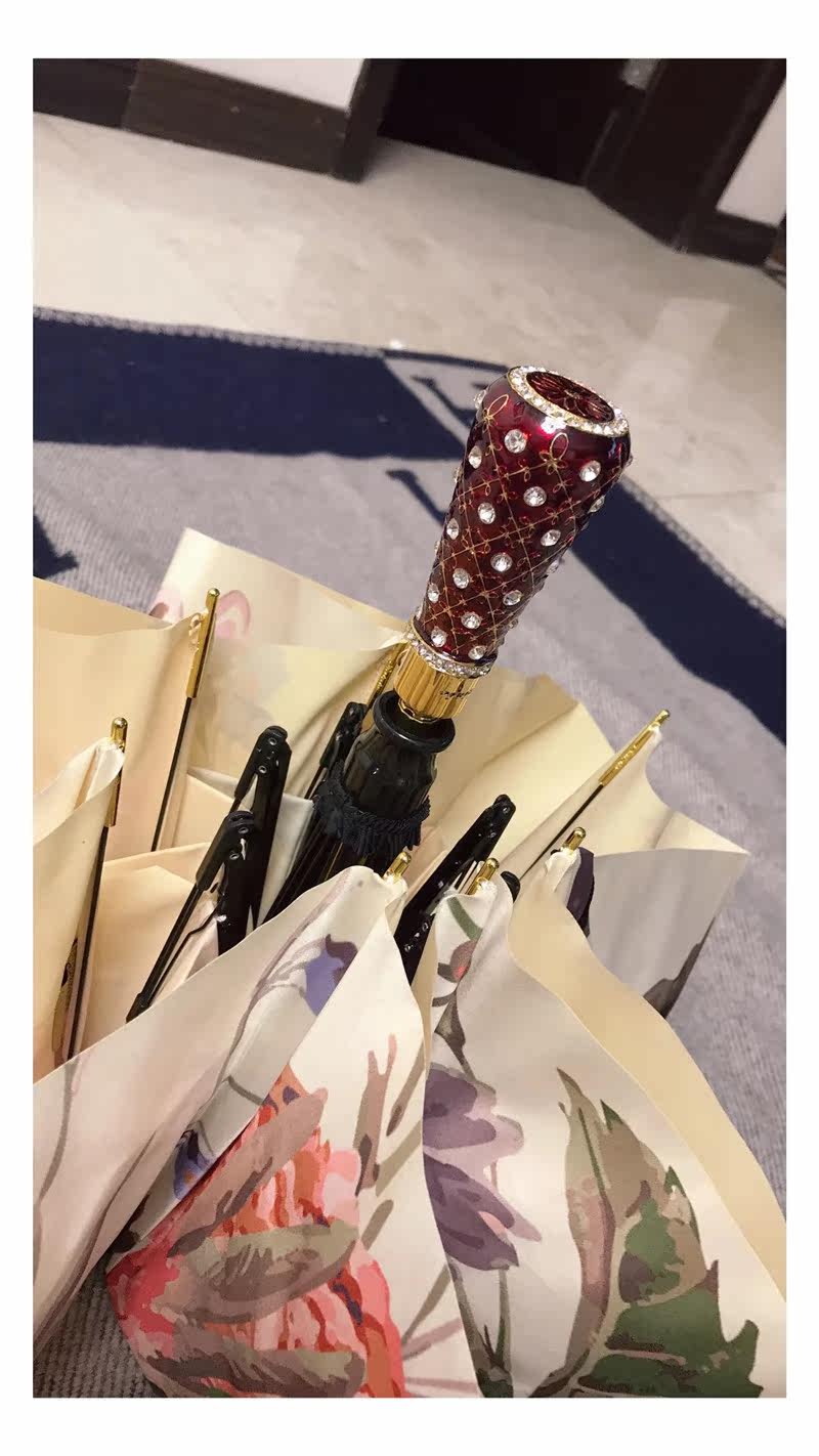 rainie雷尼折叠伞钻石手柄奢华遮阳伞牡丹花防晒防紫外线女神三折