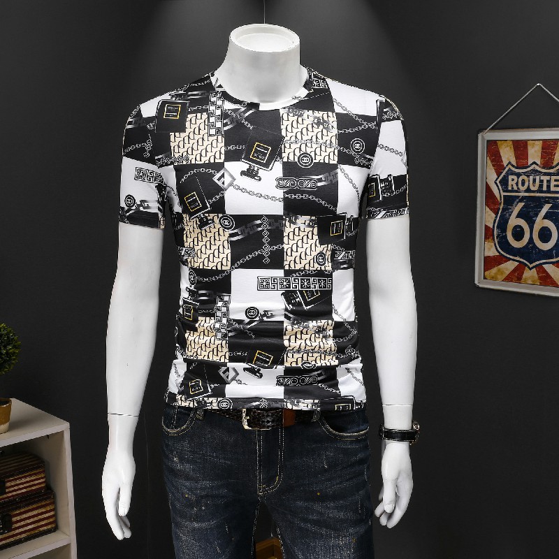 高端冰丝短袖t恤2021夏季新款潮牌半袖修身个性印花百搭纯棉男T恤