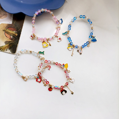 可爱卡通人物造型少女简约撞色设计圆珠手饰弹力绳手串3234手链