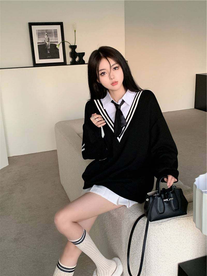 盐系穿搭辣妹学院风御姐假两件卫衣百褶连衣裙子jk制服套装女秋冬