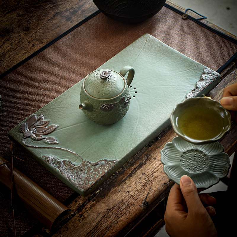 慢茶茶道鎏金荷花干泡茶盘排水蓄水两用茶托茶盘