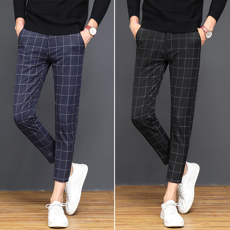 冬季格子男九分裤修身男士英伦裤子男生小西裤9分休闲裤韩版潮流