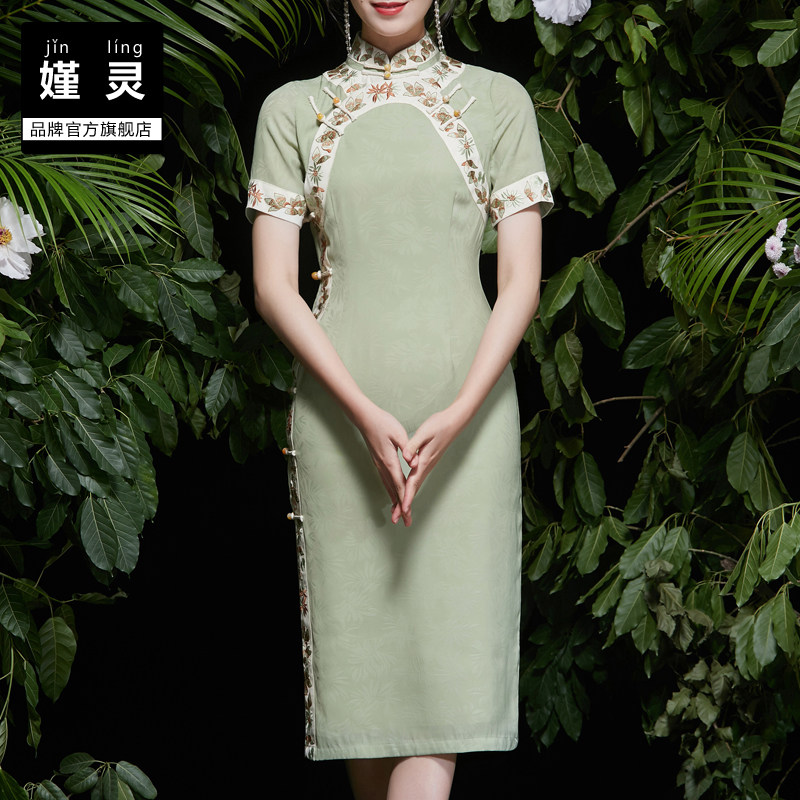 旗袍夏季中长曲襟提花中考暗纹连衣裙2021年改良旗袍