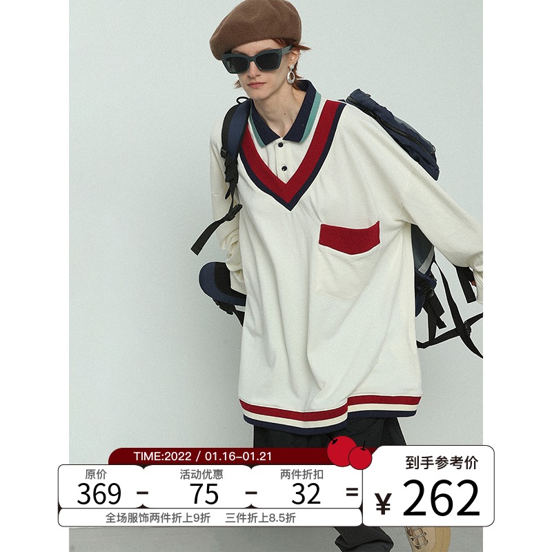 UNVESNO张紫宁同款日系学院风POLO衫情侣假两件T恤早秋长袖男上衣