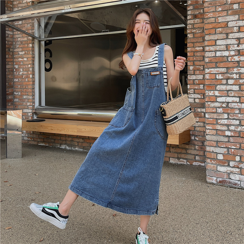 盐系牛仔背带裙吊带连衣裙女夏大码宽松休闲显瘦孕妇长款裙子减龄