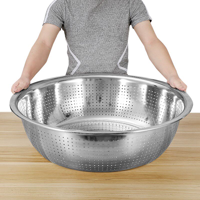 淘米加厚不锈钢洗米厨房圆形密孔水盆大号漏盆盆