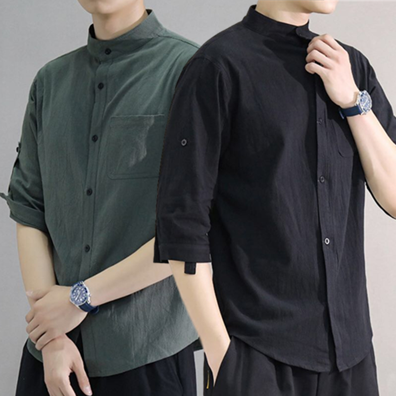 春夏长袖衬衫男士韩版宽松衬衣潮港风chic七分袖休闲情侣外套棉麻