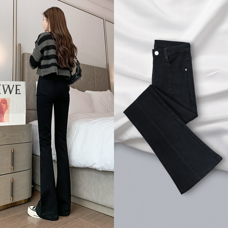 黑色牛仔裤女秋冬季2021年新款高腰小个子微喇叭加厚加绒阔腿裤子