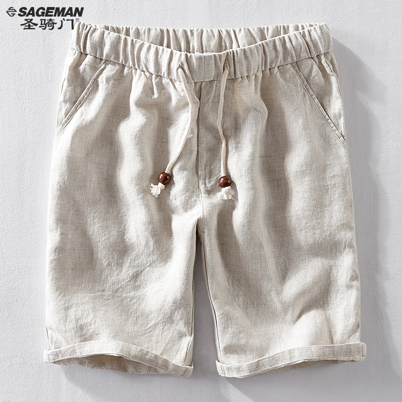 亚麻短裤男薄款夏季系绳宽松全麻休闲裤日系透气纯麻沙滩裤五分裤