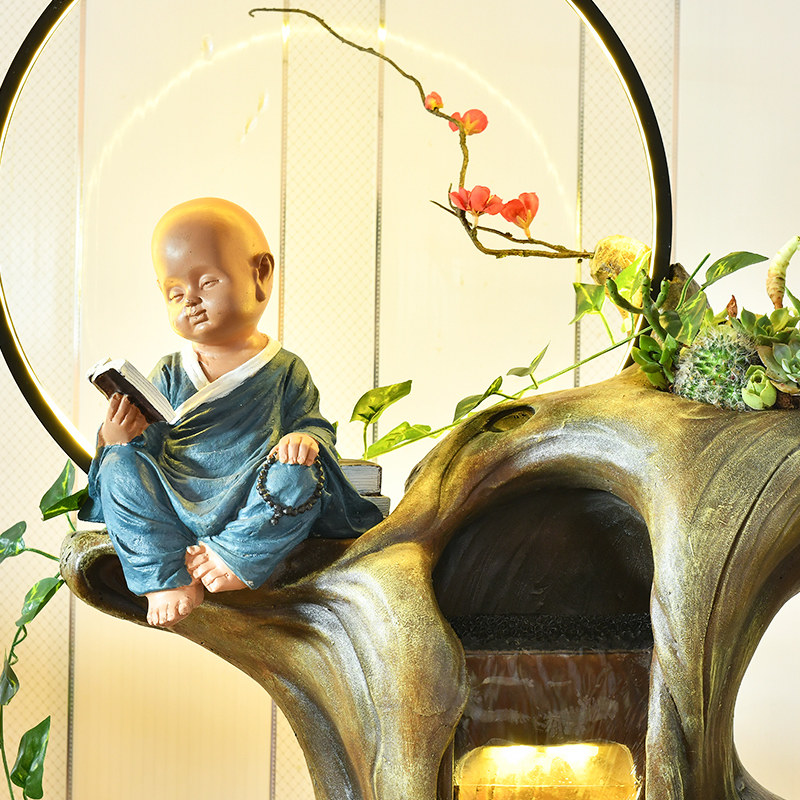 客厅流水喷泉装饰假山小和尚读书意境美容院门厅摆件