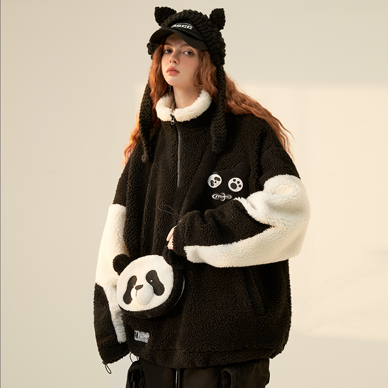 MAMC熊猫包包羊羔绒外套男秋冬季新品国潮牌宽松oversize夹克棉服