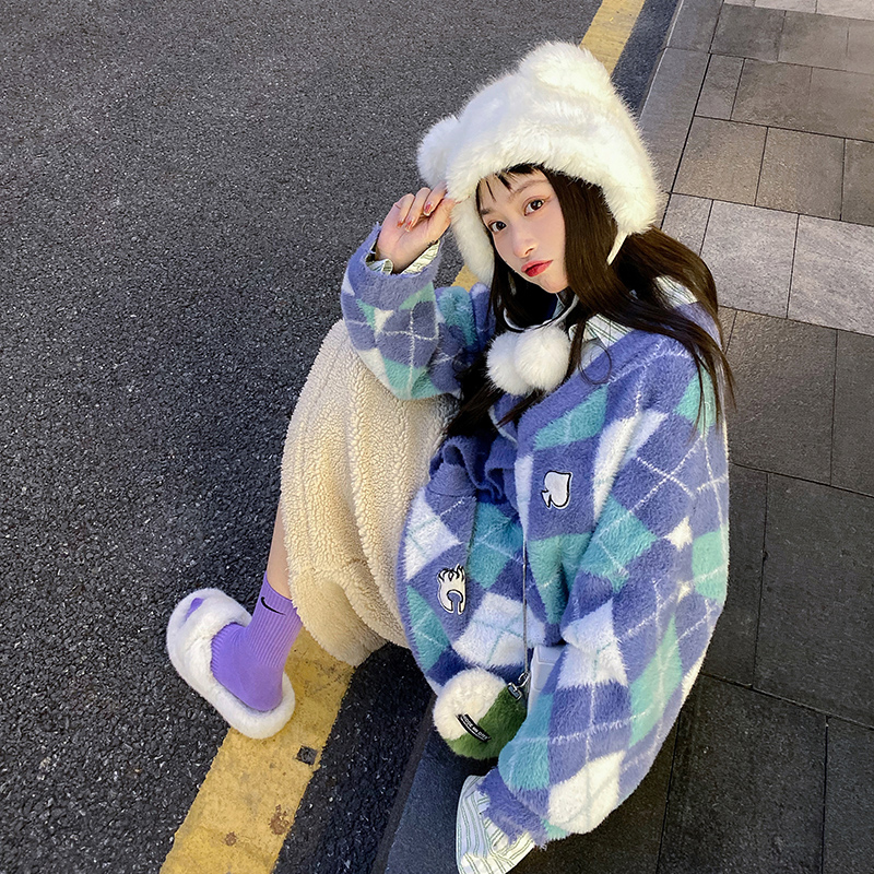 MAMC棱格渐变开衫毛衣男复古日系慵懒风针织衫开衫外套秋季情侣装