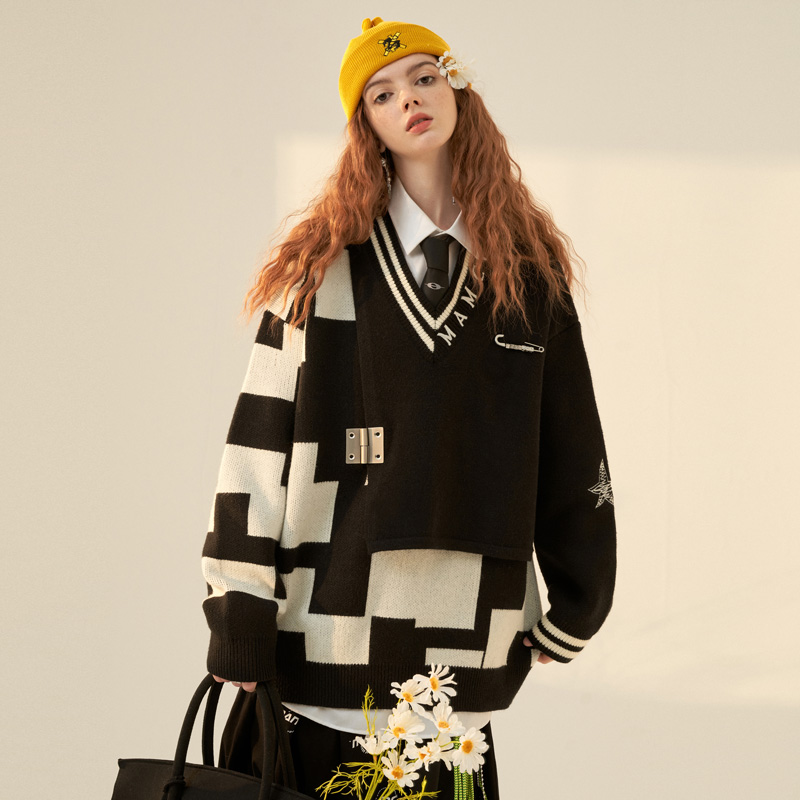 【徐志胜同款】MAMC乱码拼格学院毛衣女慵懒设计感复古开衫外套男
