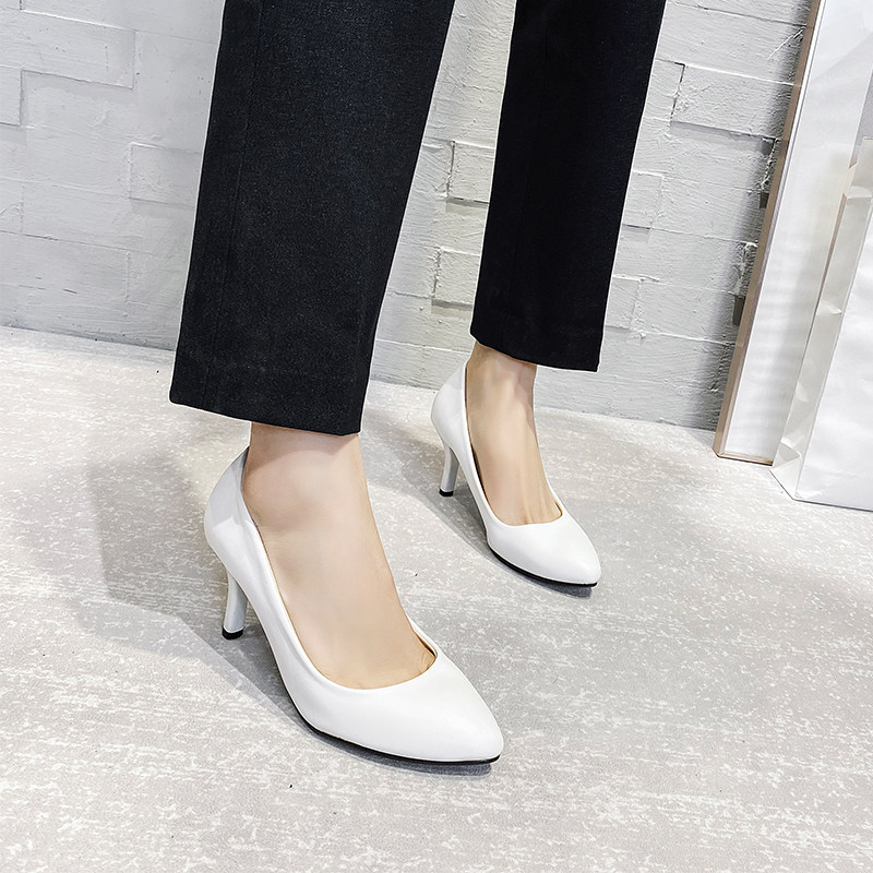 圆头细跟白色高跟鞋职业模特走秀礼仪舒适百搭单鞋