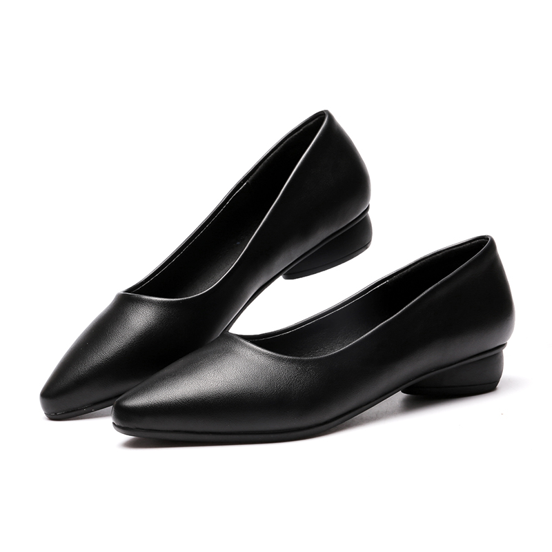 单鞋女粗跟低跟软底浅口尖头舒适工作鞋黑色皮鞋单鞋