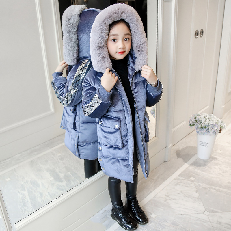 女童亮片棉服外套2020年新款大童儿童棉衣棉袄金丝绒加厚冬装长款