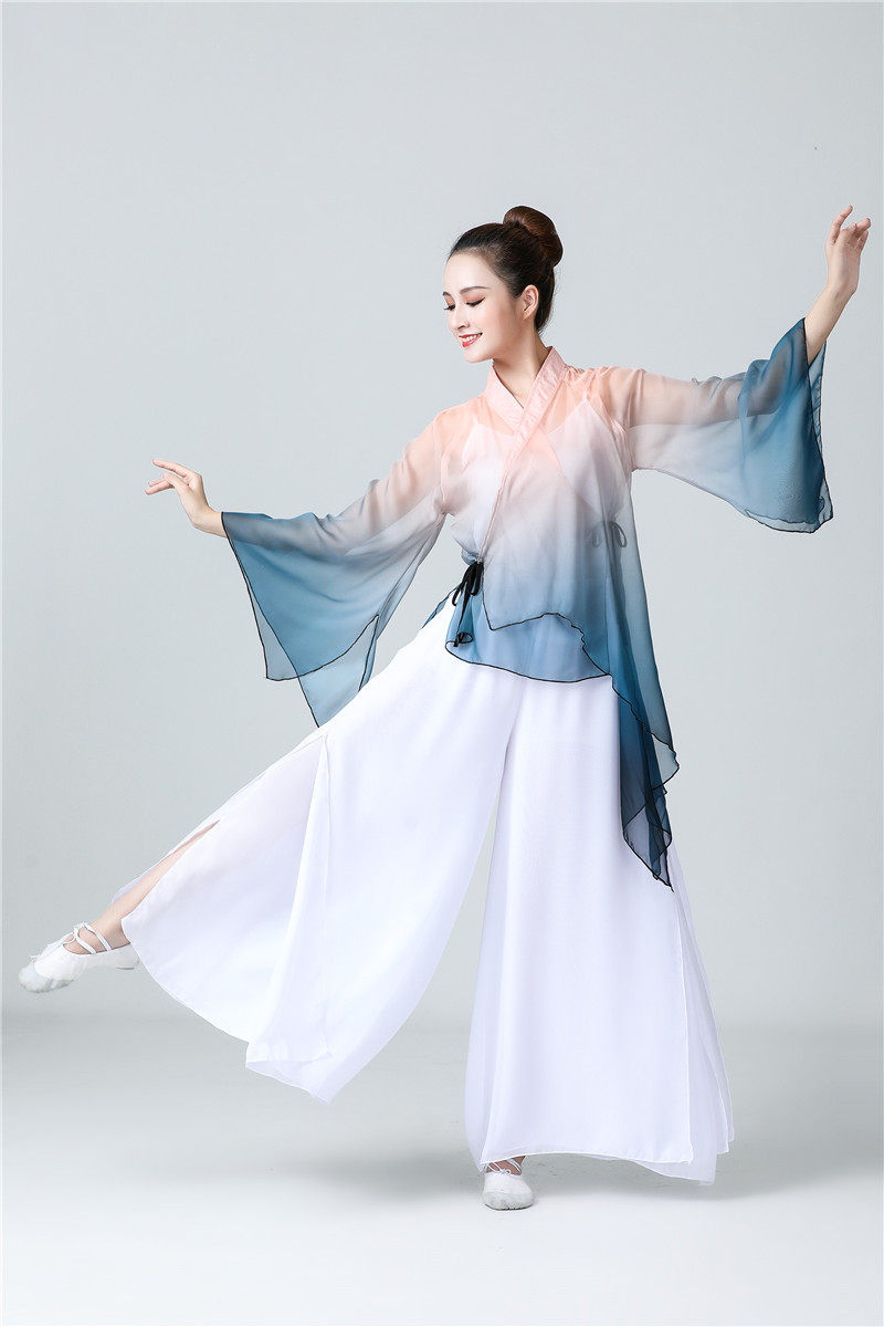 古典舞中国风渐变飘逸喇叭袖艺成人演出服身韵民族服装